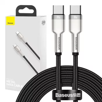 USB‑C uz USB‑C kabelis Baseus Cafule Metal — 2 m, 100 W uzlāde, USB 2.0 (480 Mbps), ar cinku pārklāti kontakti, melns