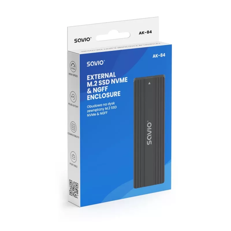 SSD korpuss SAVIO AK-84 melns M.2 diskiem, USB 10 Gbit/s (A tips / C tips), alumīnijs + ABS