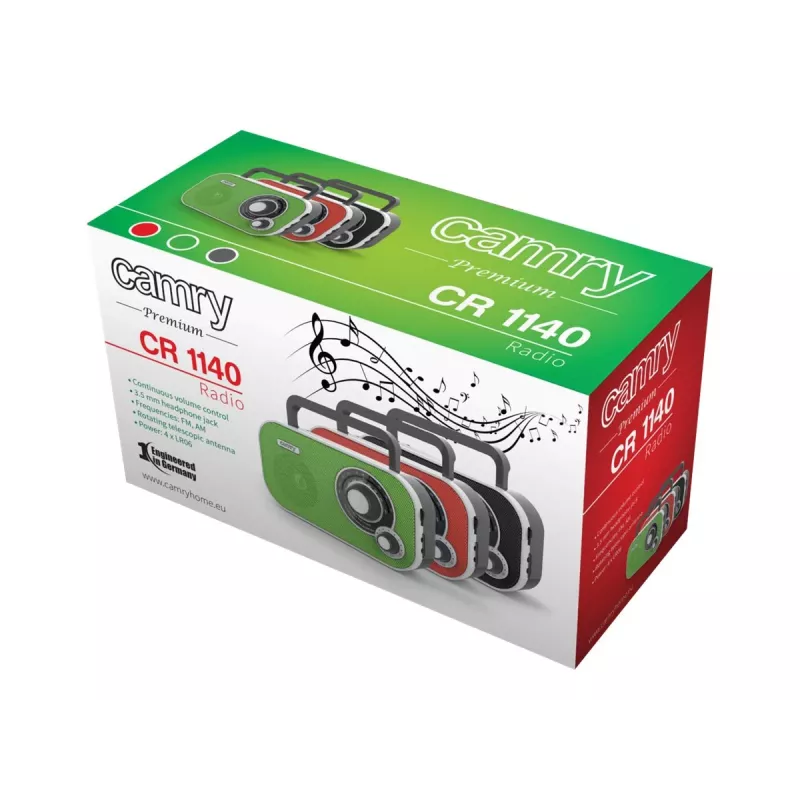 Pārnēsājamais radio Camry CR 1140b — AM/MF, pelēks, maiņstrāvas vai bateriju barošana, kompakts 280×65×113 mm