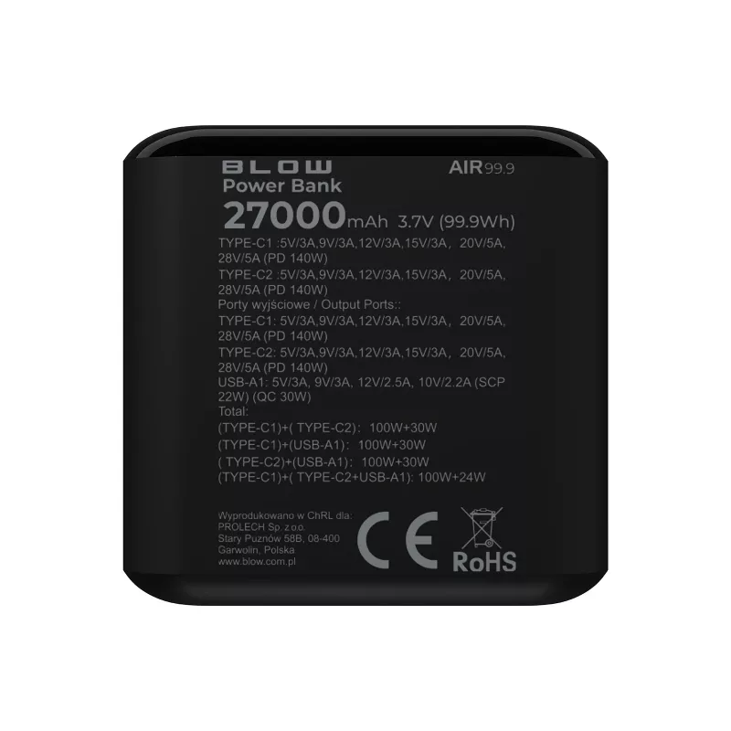 Power bank BLOW AIR99.9 27000mAh PD 140W LCD — 2× USB‑C, 1× USB‑A, 27000 mAh, 140 W kopā