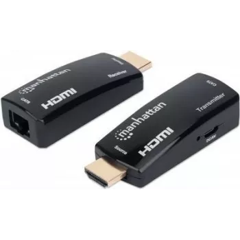 Manhattan 1080p@60Hz kompakts HDMI pa Ethernet pagarinātāja komplekts, pagarina signāla attālumu līdz 60 m, izmantojot vienu Cat6 Ethernet kabeli, iekļauts raidītājs un uztvērējs, barošana pa kabeli, īpaši plāns dizains, trīs gadu garantija, melns