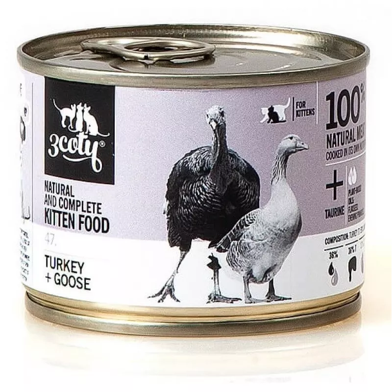 Mitrā kaķēnu barība 3coty TURKEY + GOOSE 180 g — pilnvērtīga mitrā maltīte jauniem kaķēniem, olbaltumvielas 18%, tauki 14%, mitrums 64,9%