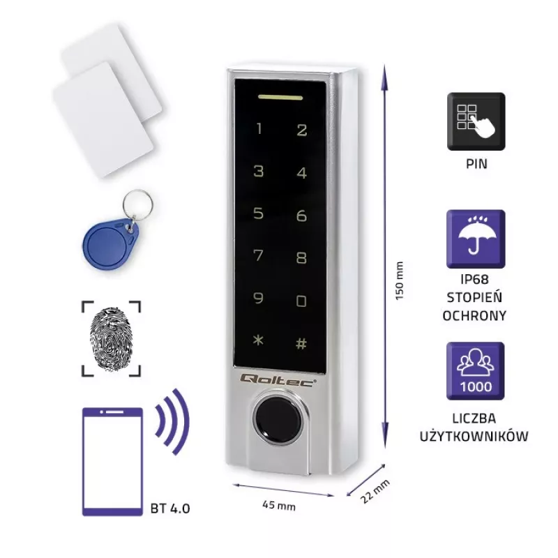 Qoltec 52448 koda slēdzene TITAN ar pirkstu nospiedumu lasītāju | RFID | BT 4.0 | kods | karte | piekariņš | durvju zvans | IP68 | EM