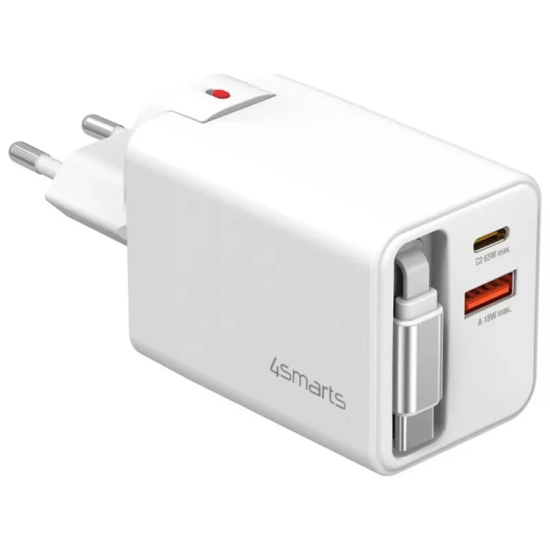 Iekštelpu USB-C/USB-A ātrais lādētājs 4smarts 541065 — Universāls AC 100–240V, Max 20V, 0,7 m kabelis, balts