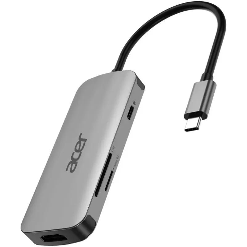 7-in-1 USB-C Dongle Acer — USB 3.2 Gen 1 Type-C, 3x USB-A, HDMI, SD/microSD, 100 W PD, Sudraba krāsa