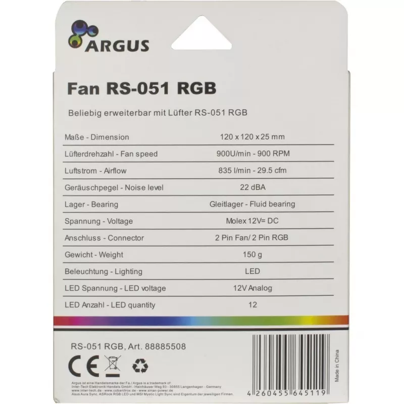 INTER-TECH Argus RS-051 ARGB 120mm korpusa ventilators – melns