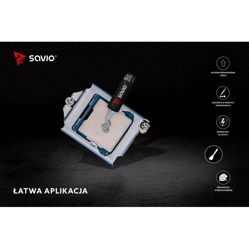 Termopasta SAVIO TG-04 4 g — siltumvadītspēja 14,5 W/m·K, darba temperatūra no -250 līdz 300 °C, pelēka