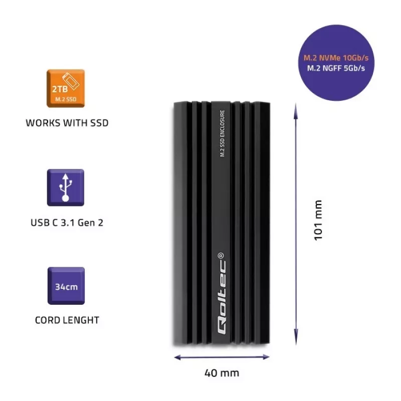 Ārējais SSD korpuss QOLTEC NV2270 M.2 SATA/NVMe diskdziņiem, USB-C, līdz 2 TB
