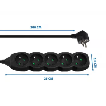 Sadales kontaktligzda ESPERANZA ELK208K — 5 ligzdas, 3 m kabelis, melna