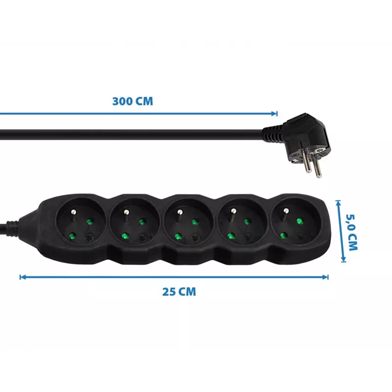 Sadales kontaktligzda ESPERANZA ELK208K — 5 ligzdas, 3 m kabelis, melna