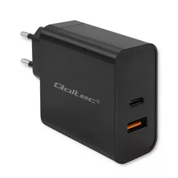 Qoltec 52381 Super Quick PD lādētājs | 1xUSB-C | 1xUSB | 90W | 5-20V | 2.4-4.35A | Melns