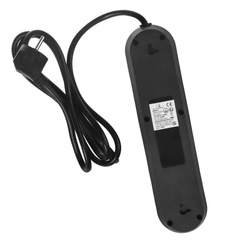 Strāvas sadalītājs MACLEAN MCE394 B — 3 rozetes + 3×USB A, 110–240 V, 2,1 A USB, 2500 W, 1,5 m kabelis, melns