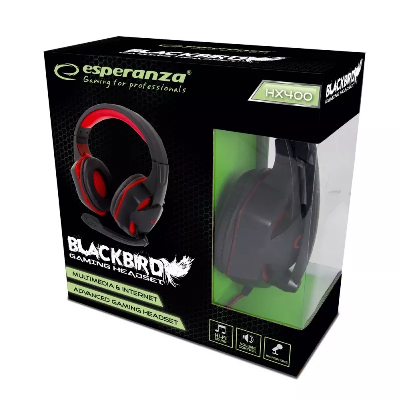 Spēļu austiņas ESPERANZA BLACKBIRD, mikrofons, USB/Jack 3.5 mm, melna/sarkana