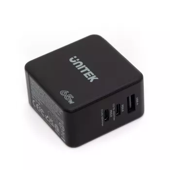 Unitek P1117B USB-C PD 65W universāls mobilais lādētājs, 2x USB‑C PD + 1x USB‑A, melns