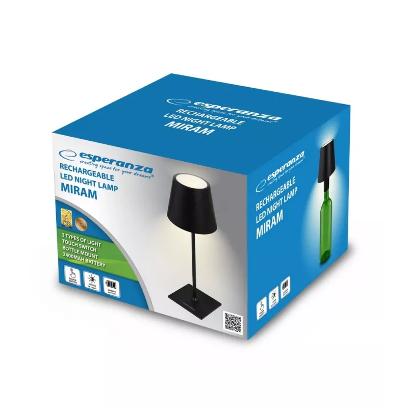 Galda LED lampa ESPERANZA ELD119K melna — 3 W, 4000 K, 200 lm, USB-C, 2400 mAh baterija, 400 mm augstums