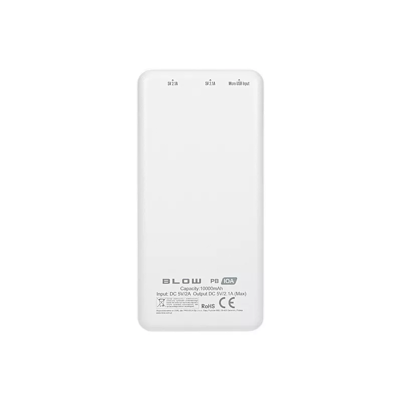 Pārnēsājams lādētājs ārējais akumulators BLOW PB10A 10000mAh (37Wh), 2x USB-A izejas, 22.5W kopējā, Micro‑USB ieeja, polimēra baterija