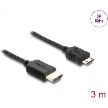 DELOCK HDMI kabelis 3 m — A tipa (vīrišķais) uz C tipa (Mini) (vīrišķais), 48 Gbit/s, līdz 7680×4320, zeltīti kontakti, melns