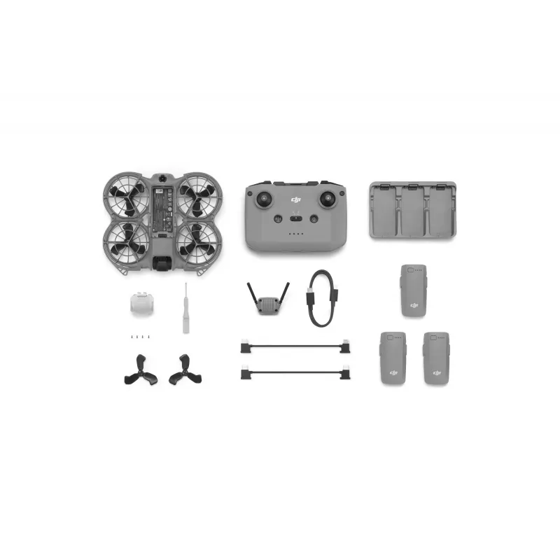 Kvadrokoptera drons DJI Neo 2 Fly More Combo — 4 rotori, 12 MP kamera, 2688×1512 video, 1606 mAh akumulators, 49 GB iekšējā atmiņa, melns/pelēks