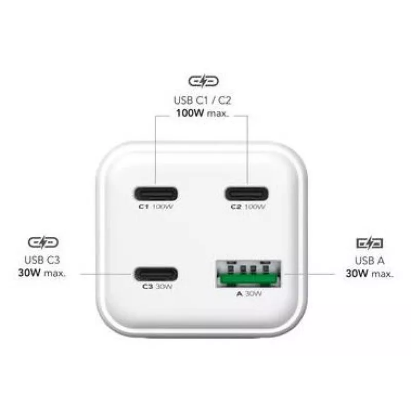 MediaRange MRMA124 mobilās ierīces lādētājs 100W AC, 3x USB-C, 100–240V ieeja, 1,5 m kabelis, Balts