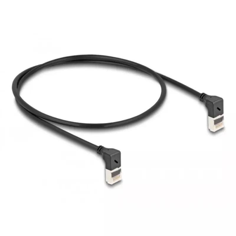 tīkla kabelis DeLOCK RJ45 Cat.6A S/FTP plāns 90° Upwards 0.5m Melns