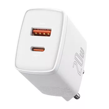 Sienas lādētājs Baseus Compact 1x USB-A + 1x USB-C 3A, kompakts ceļojuma adapteris