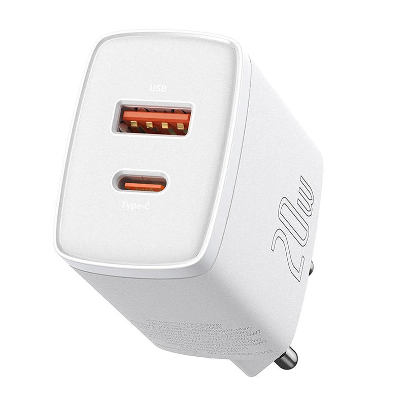 Sienas lādētājs Baseus Compact 1x USB-A + 1x USB-C 3A, kompakts ceļojuma adapteris