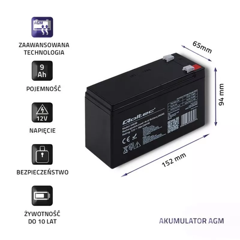 Nepārtrauktās strāvas padeves akumulators QOLTEC 53031 12V 9Ah zaļš, 152×94×65 mm, 2,35 kg