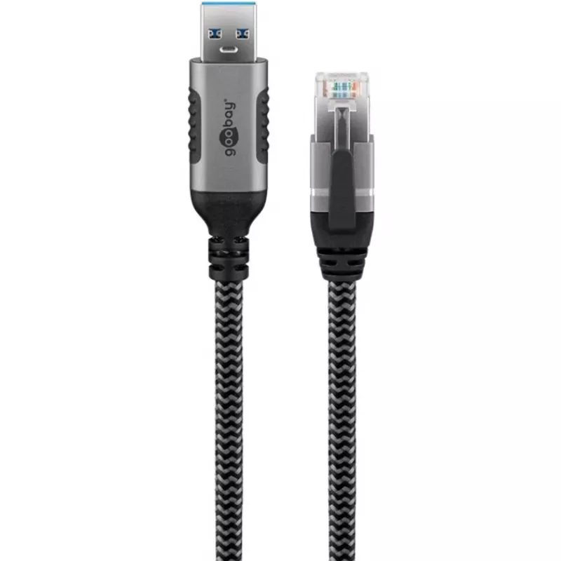 Ethernet kabelis USB-A 3.2 Gen1 spraudnis > RJ-45 spraudnis, LAN adapteris melns/sudraba, 10 m, pīts tekstila apvalks