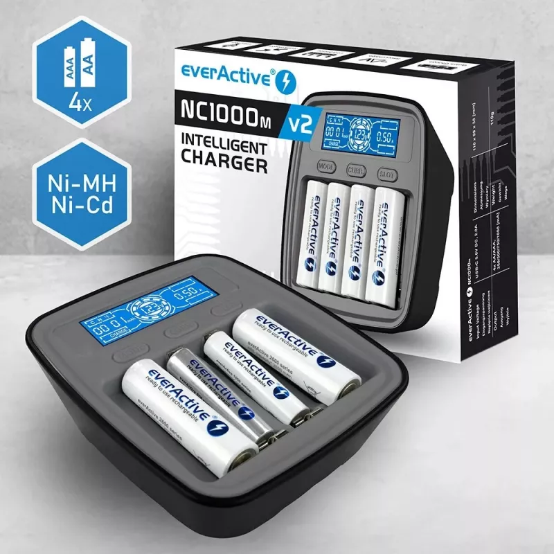 Bateriju lādētājs everActive NC1000MV2 — Ni‑MH 4 slotu USB‑C lādētājs, 4 elementi, 5 V, melns, 110×99×38 mm