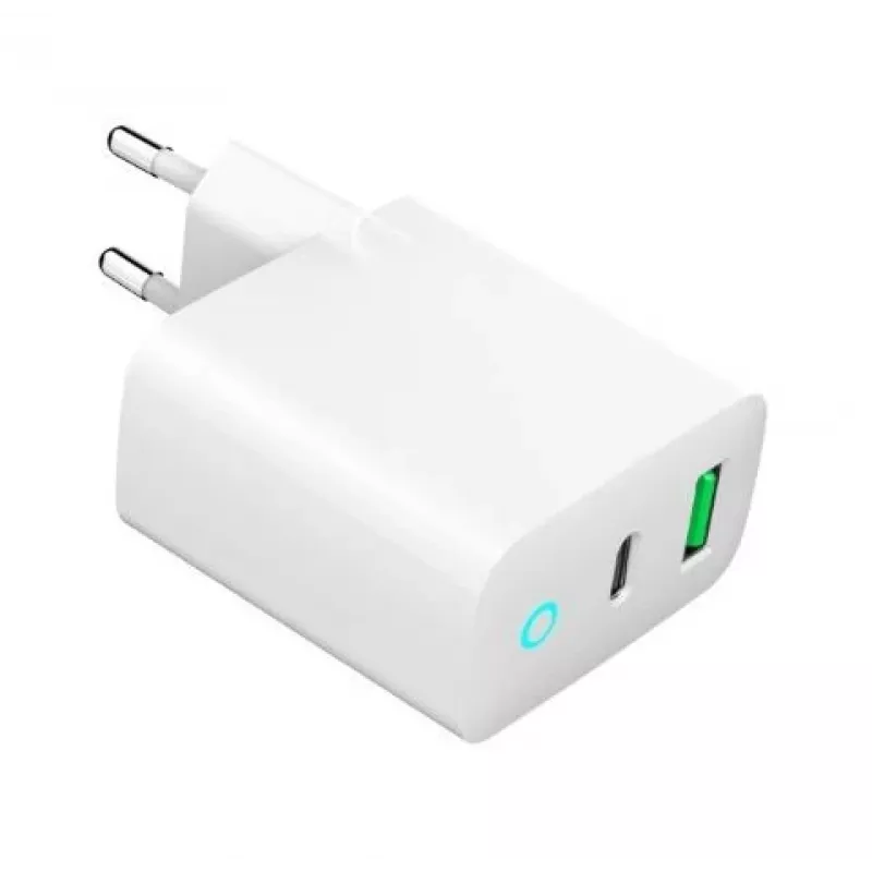 Tīkla barošanas bloks 220V GEMBIRD, universāls, 1 x USB Type-C PD 20W, 1 x USB-A 3.0 QC 18W, LED indikators, balts