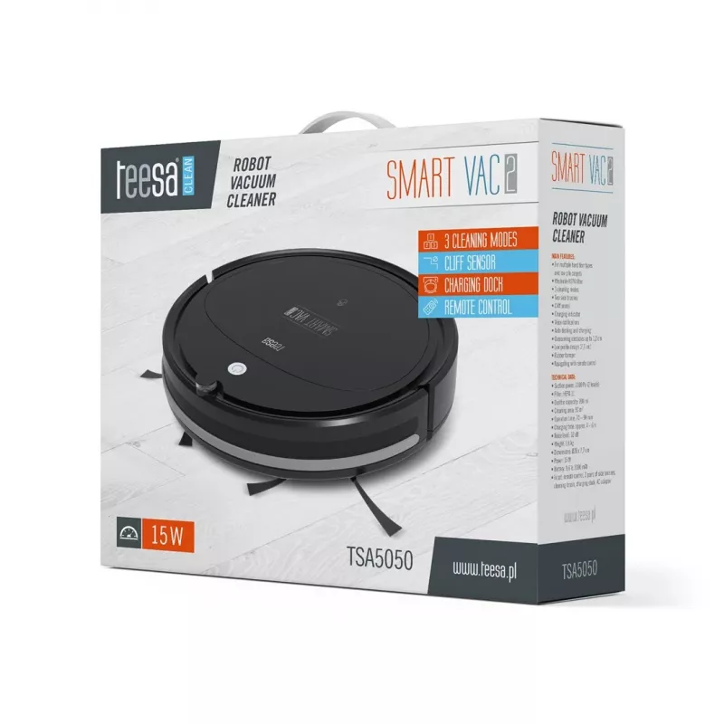 Robot vacuum cleaner TEESA Smart VAC 2 — apaļš, melns, 1000 Pa sūkšanas jauda, 9,6V/2000mAh Li akumulators, 0,2 L putekļu kaste, Wi‑Fi, automātiska atgriešanās