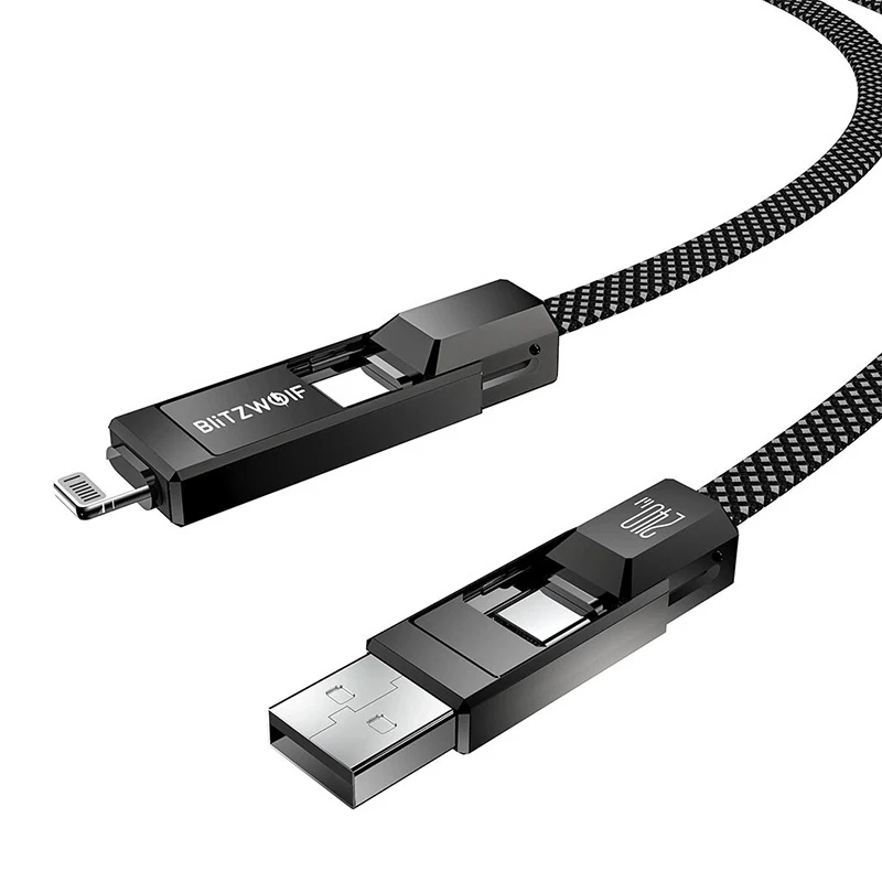 4-in-1 kabelis BlitzWolf BW-HDC7 — USB-C, Lightning, USB-A, Micro-USB 1,2 m 240 W melns