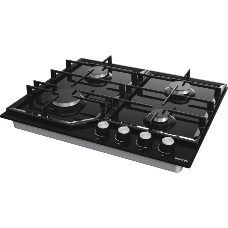Gāzes plīts virsma Gorenje GT641KB, iebūvējama 60 cm, 4 gāzes zonas, rūdīts stikls, čuguna restes, grozāmie slēdži