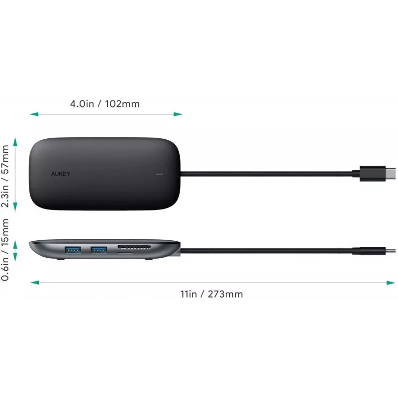 Klēpjdatora dokstacija AUKEY CB-C71 — 3x USB‑C (USB 3.2 Gen1), HDMI, RJ‑45, MicroSD, USB PD 100W, 0,15 m kabelis, melna
