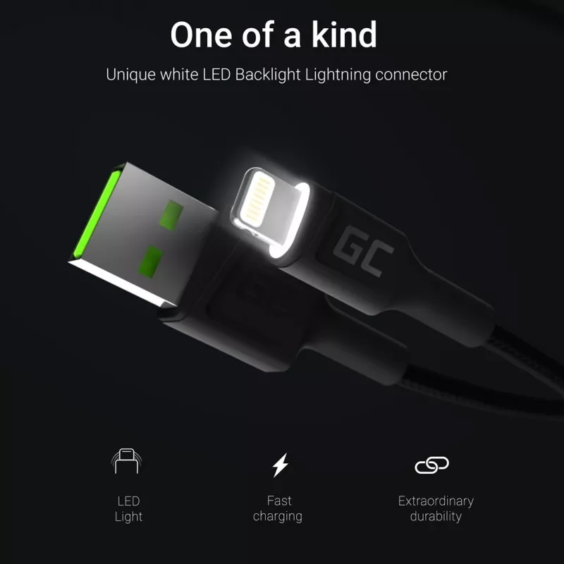 Lightning–USB-A kabelis zaļa Cell KABGC12, 2 m, Lightning – USB A, melns