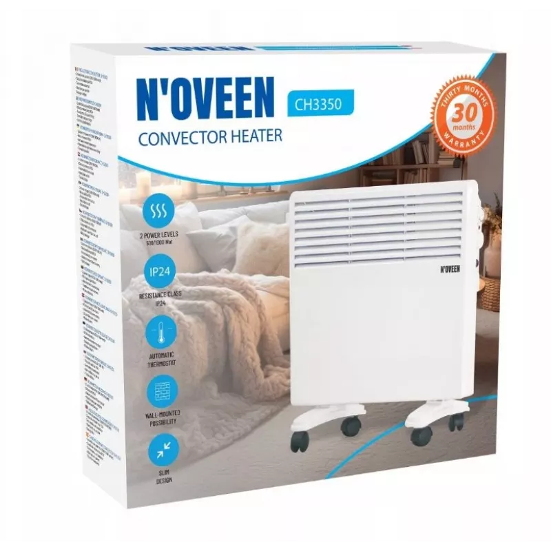N'OVEEN 1000W elektriskais pārnēsājamais pie sienas montējams konvektora sildītājs ar termostatu CH3350