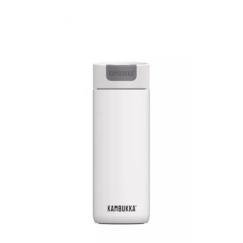 Termokrūze Kambukka Olympus 500 ml — 18/10 nerūsējošais tērauds, vakuumizolēta, pretšļakatu, neslīdoša pamatne, balta