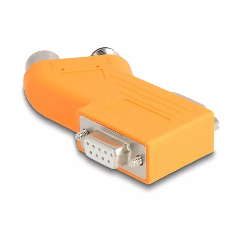 DELOCK CAN kopnes sadalītājs D-Sub 9 (vīr./siev.) uz M12 5-pinu A-kodētu (vīr./siev.) 35° oranžs