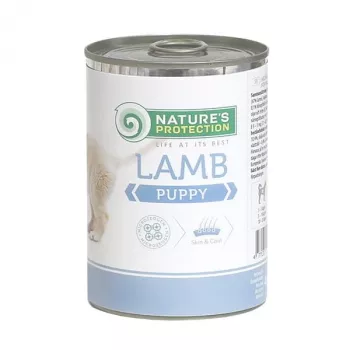 Mitrā kucēnu barība Nature's Protection Puppy Lamb 400 g — pilnvērtīga konservēta maltīte ar jēra gaļu kucēniem