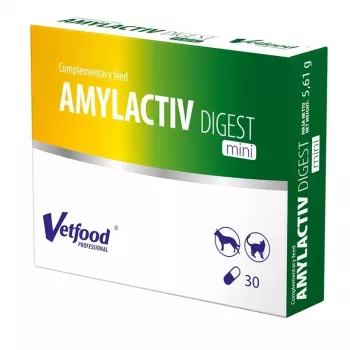 Gremošanas fermenti Vetfood AMYLACTIV DIGEST MINI – uztura bagātinātājs, 30 kapsulas kaķiem un suņiem