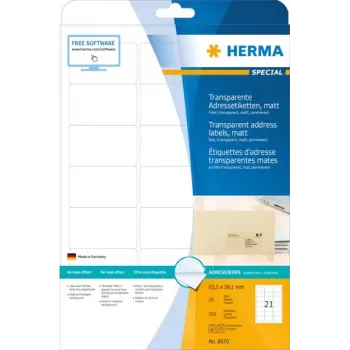 Adrešu uzlīmes HERMA caurspīdīgas matētas A4 63.5x38.1 mm noapaļoti stūri plēve 525 gab.