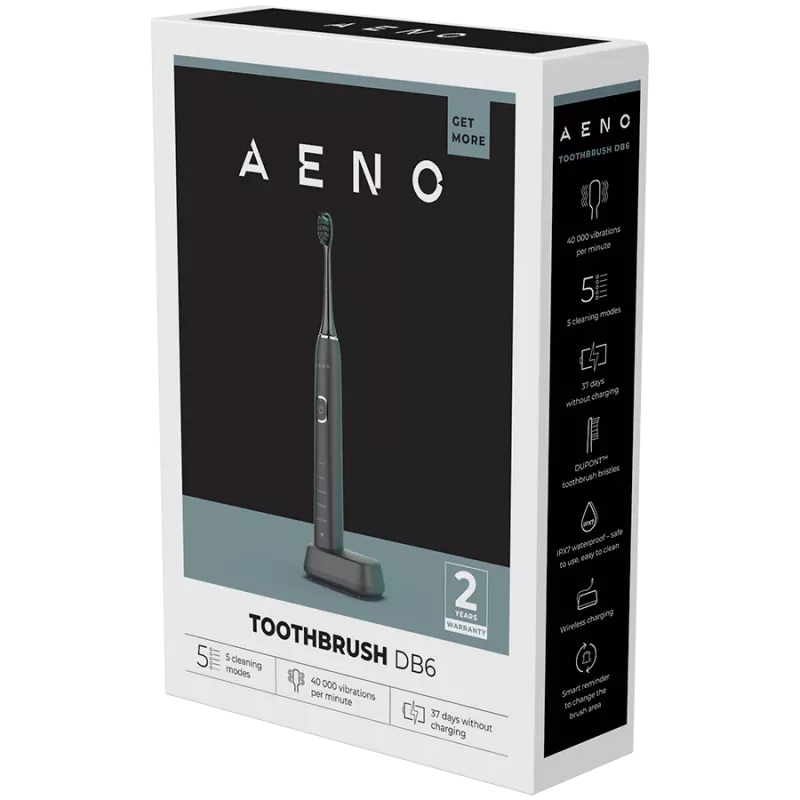 AENO Sonic Electric Toothbrush DB6: Melns, 5 režīmi, bezvadu uzlāde, 46000 apgr./min, 40 dienas bez uzlādes, IPX7