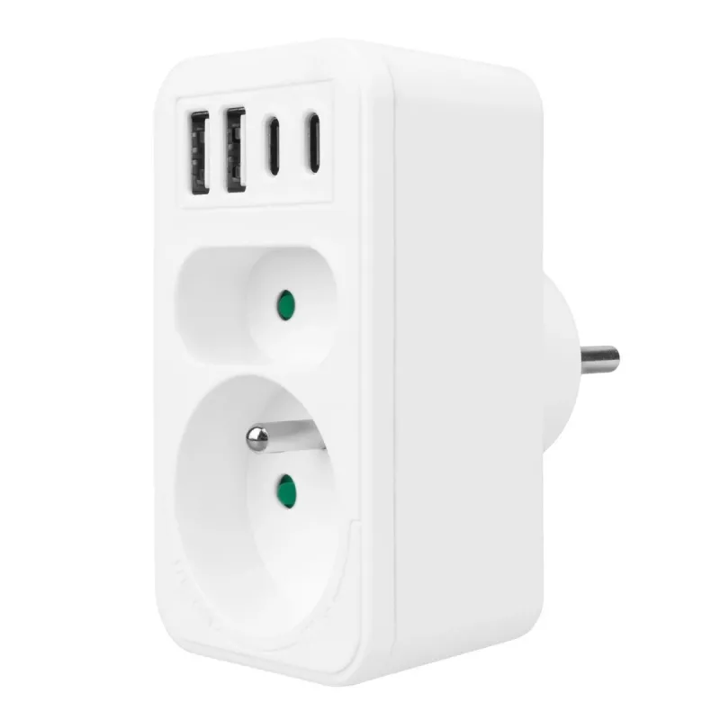 Strāvas sadalītājs MACLEAN MCE249 F/W — 2x elektrotīkla rozetes (16A + 6A) un 4x USB (2x A, 2x C PD 20W)