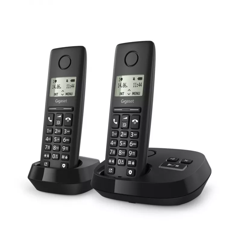 Bezvadu analogais/DECT telefons Gigaset PURE 100A Duo — 2 klausules, skaļrunis, zvanītāja ID, 1,5 collu displejs, melns