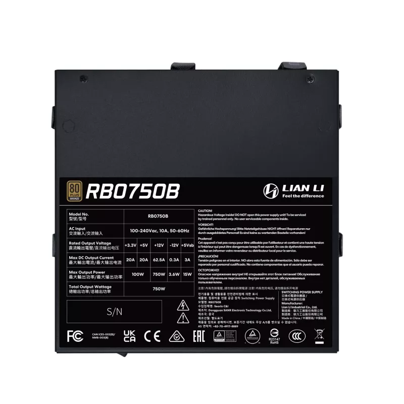 Barošanas bloks Lian Li RB0750B.B 750 W ATX 24-pin, 80 PLUS Bronze, 135 mm ventilators, melns