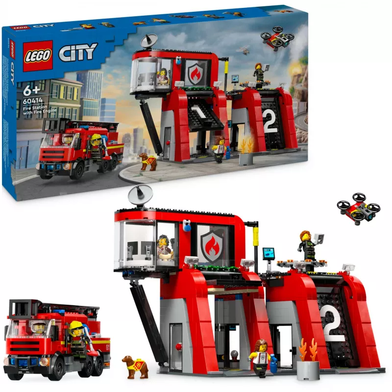 Konstrukciju rotaļlieta LEGO City Ugunsdzēsēju stacija ar grozāmo kāpņu transportlīdzekli 60414 — 843 detaļas, 5 minifigūras, 220×320×140 mm