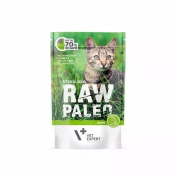 Mitrā kaķu barība VETEXPERT RAW PALEO Adult Sterilised Game 100 g — brieža gaļa, bez graudiem, tendencei uz lieko svaru
