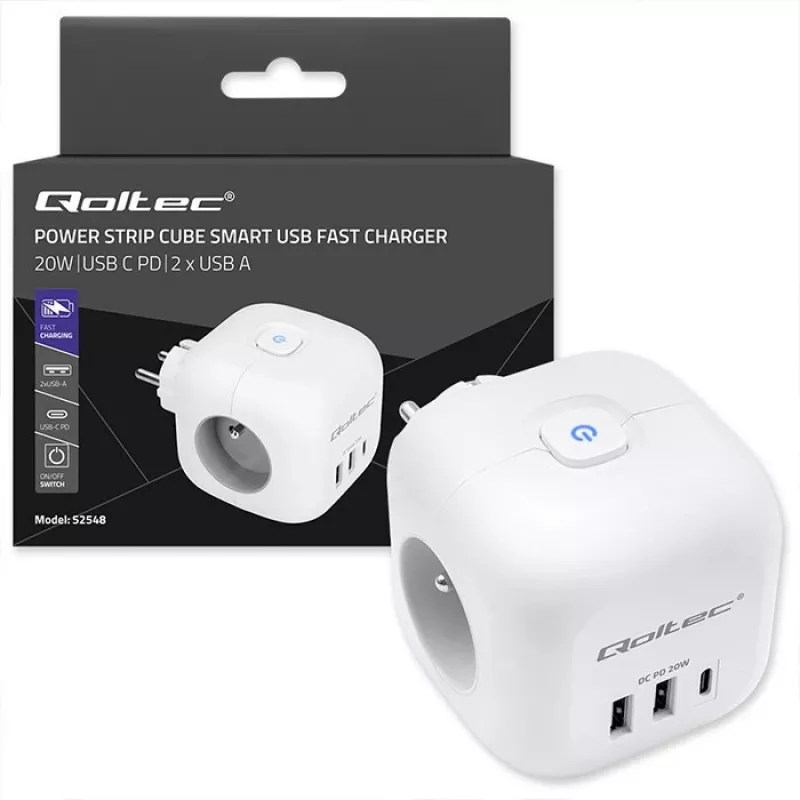 Strāvas sadalītājs QOLTEC 52548 ar 3 maiņstrāvas rozetēm un USB pieslēgvietu