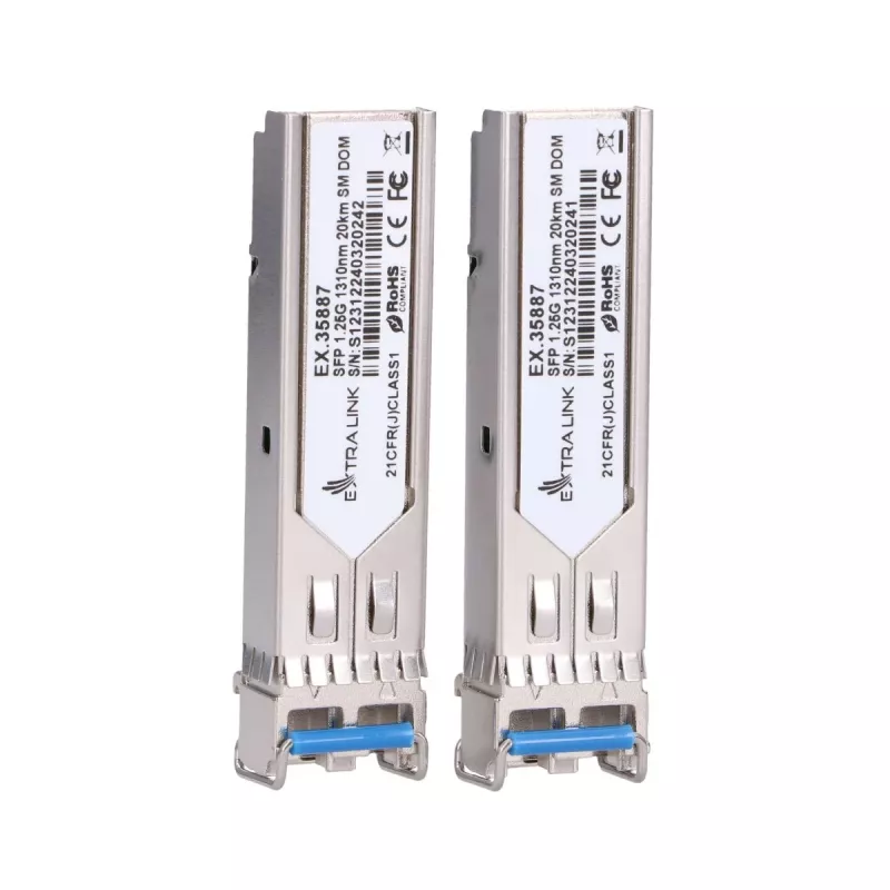 Extralink SFP 1.25G moduļu komplekts 2 gab., 1.25Gbps, LC/UPC, 1310nm, 20km, viena režīma, DOM