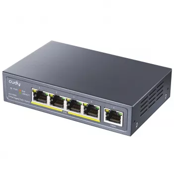 Tīkla slēdzis Cudy GS1005P — 5 portu Gigabit Ethernet ar 4 PoE portiem, 60W kopējā jauda, metāla korpuss, montējams statīvā